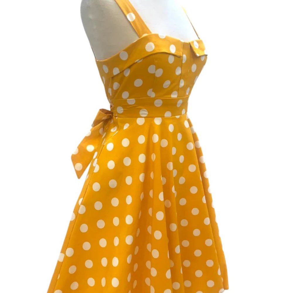 Yellow Big Polka Dot flare tie waist Dress